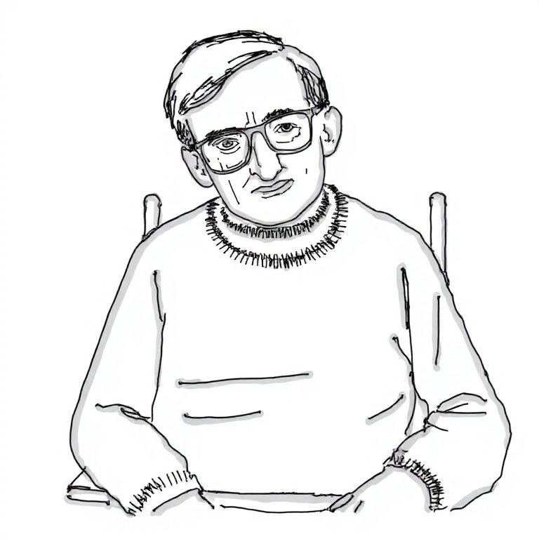 Erzeugtes Bild im selben Stil: ein Mann mit großer Brille und Pullover sitzt mit leicht geneigtem Kopf in einem Rollstuhl.