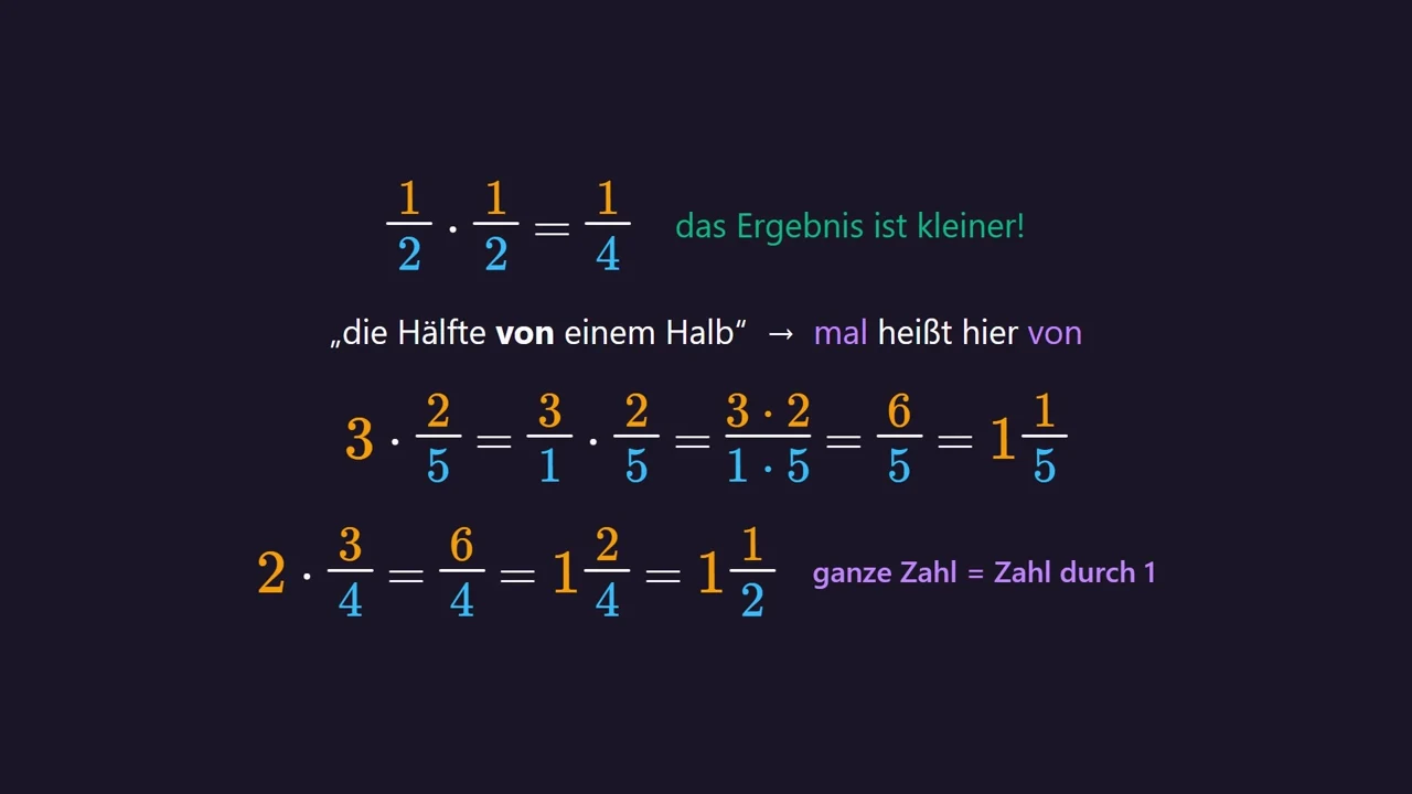 Mal heißt von. Ganze Zahl = Zahl durch 1.