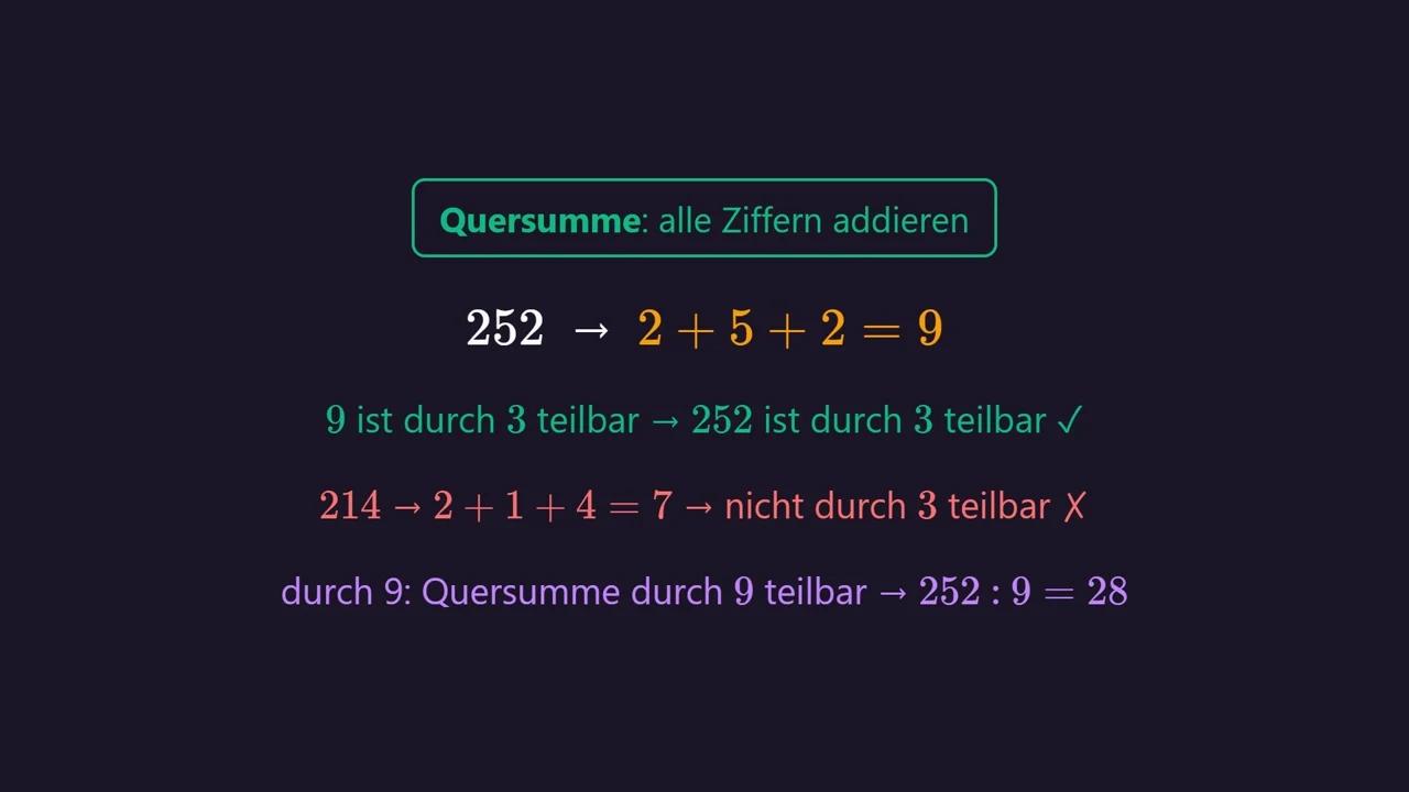 252: suma cyfr 2 + 5 + 2 = 9 , więc liczba jest podzielna przez 3 i przez 9.