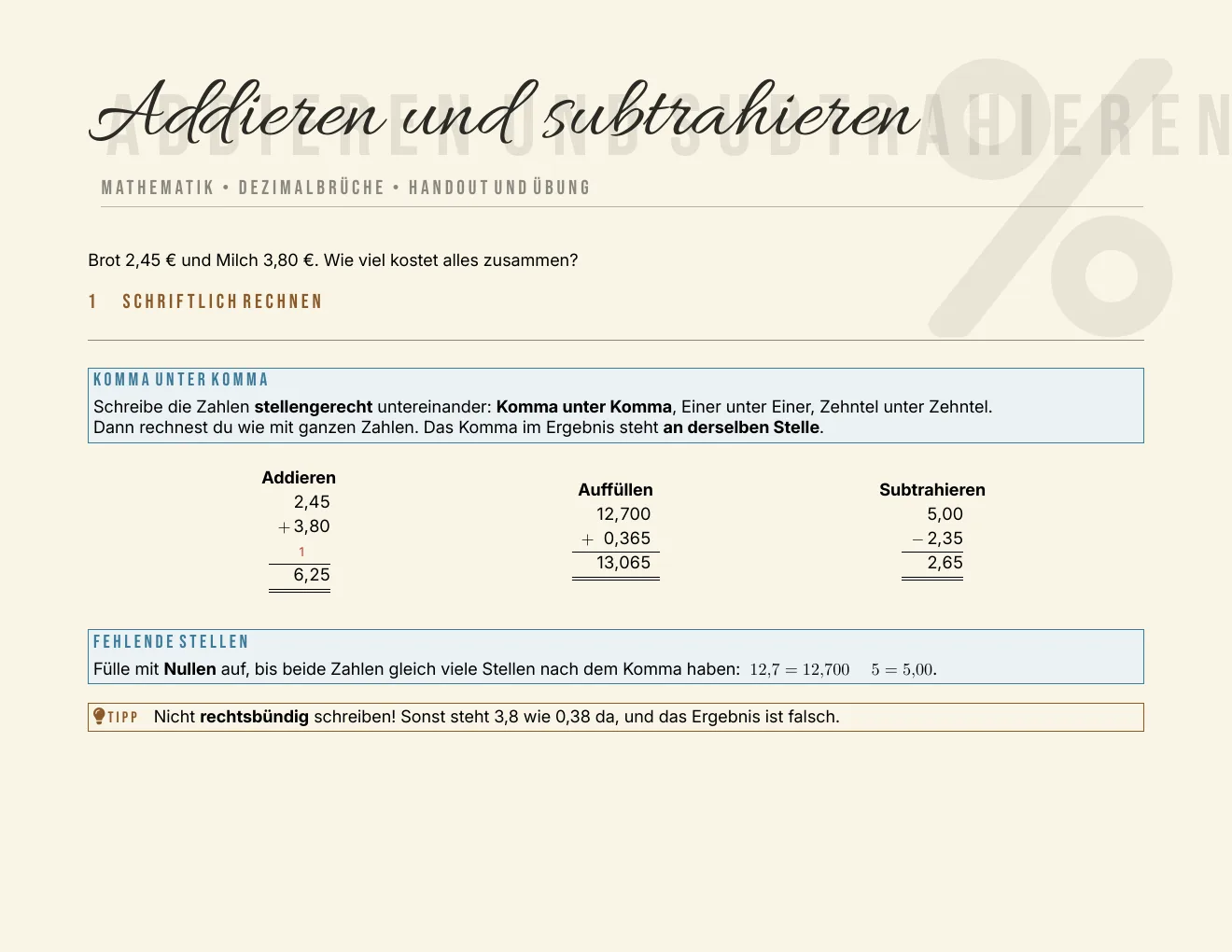 Das Arbeitsblatt – Seite 1