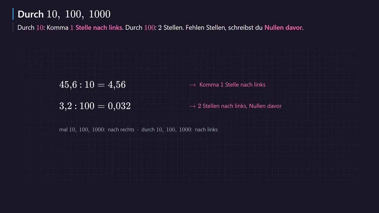 Durch 10: eine Stelle nach links.