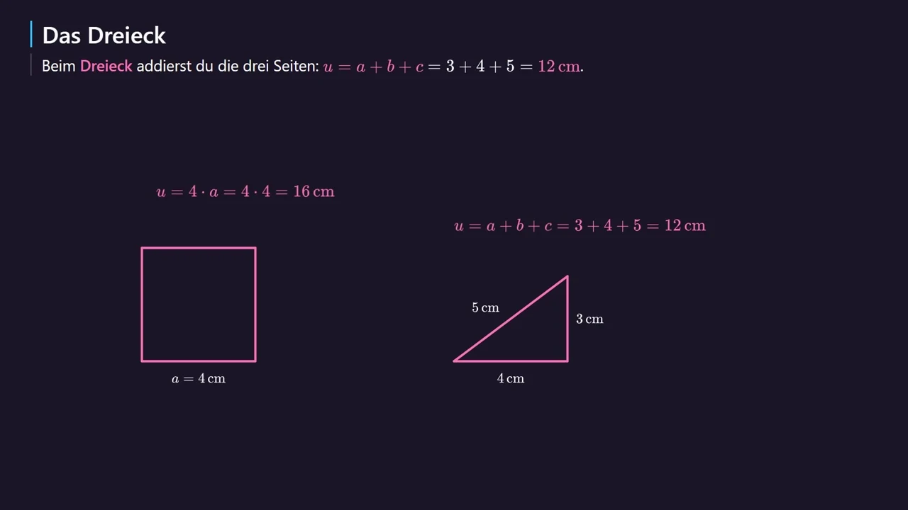 Kvadrat: 4 · 4 = 16 cm. Trougao: 3 + 4 + 5 = 12 cm.