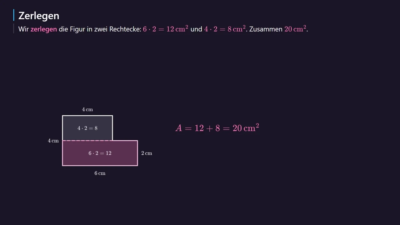 Zwei Rechtecke: 12 + 8 = 20\text{ cm}^2.
