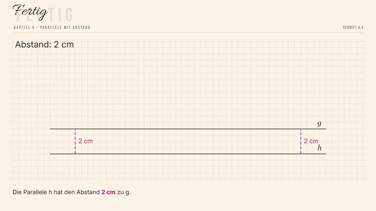 Abstand 2 cm: Die vierte Parallele zur Zeichenkante liegt auf g (4 · 5 \text{ mm} = 2 \text{ cm}).