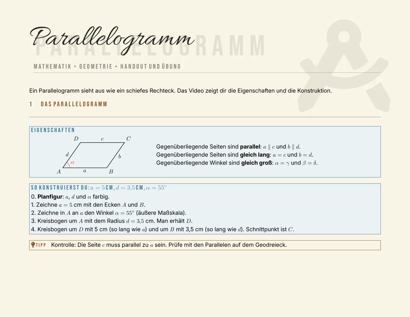 Das Arbeitsblatt – Seite 1