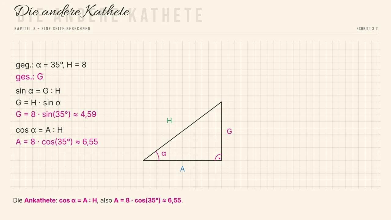 Eine Seite berechnen: G = H · \sin\alpha mit \alpha = 35^\circ, H = 8 ergibt 4{,}59.
