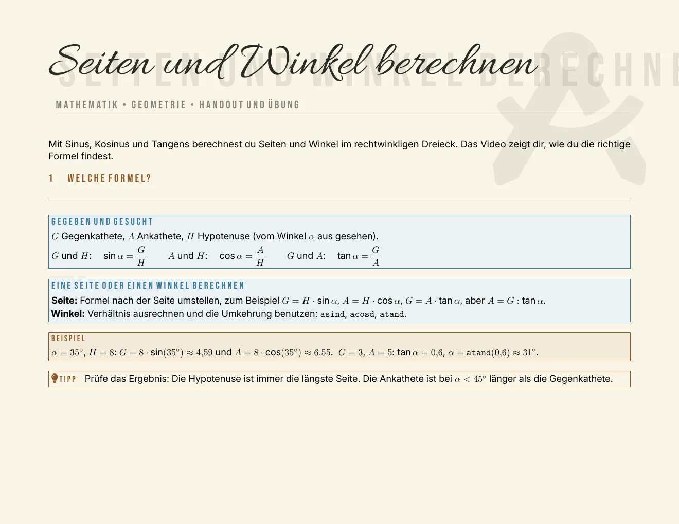 Das Arbeitsblatt – Seite 1