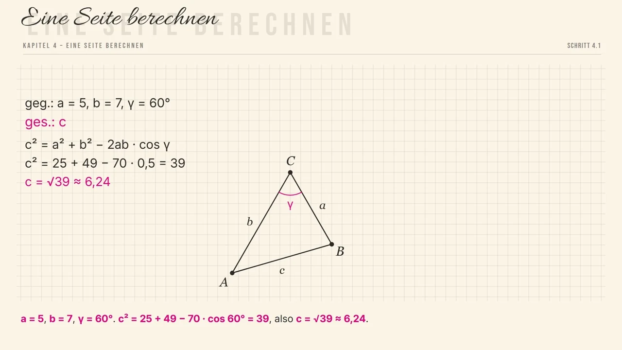 Obliczanie boku: c^2 = 39, c \approx 6{,}24.