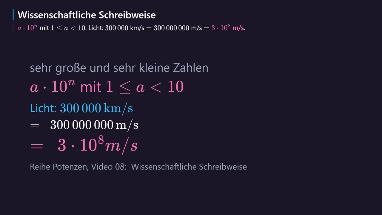 Die Lichtgeschwindigkeit in wissenschaftlicher Schreibweise.