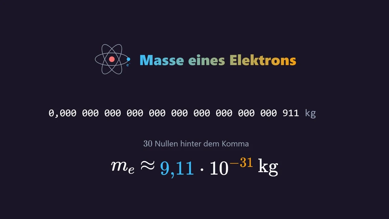 Masa de un electrón: 30 ceros detrás de la coma, en corto 9{,}11 · 10^{-31} kg.