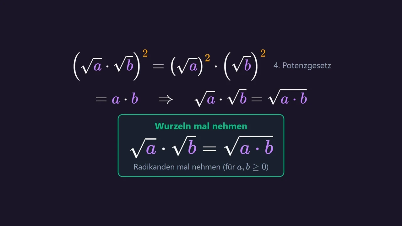 Begründung mit dem 4. Potenzgesetz: (\sqrt{a} · \sqrt{b})^2 = a · b .
