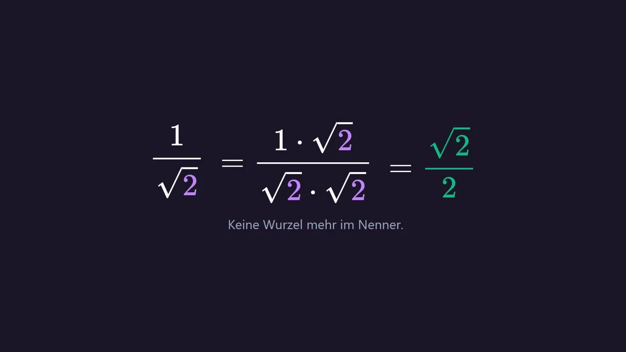 Wortel in de noemer: 1/\sqrt{2} = \frac{\sqrt{2}}{2} (uitbreiden met \sqrt{2} ).