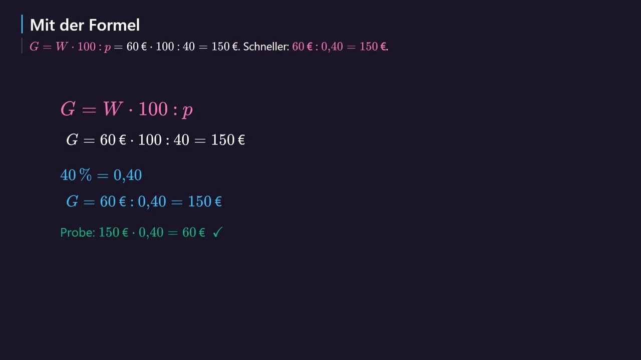 Comprobación: 150 · 0{,}4 = 60 ✓