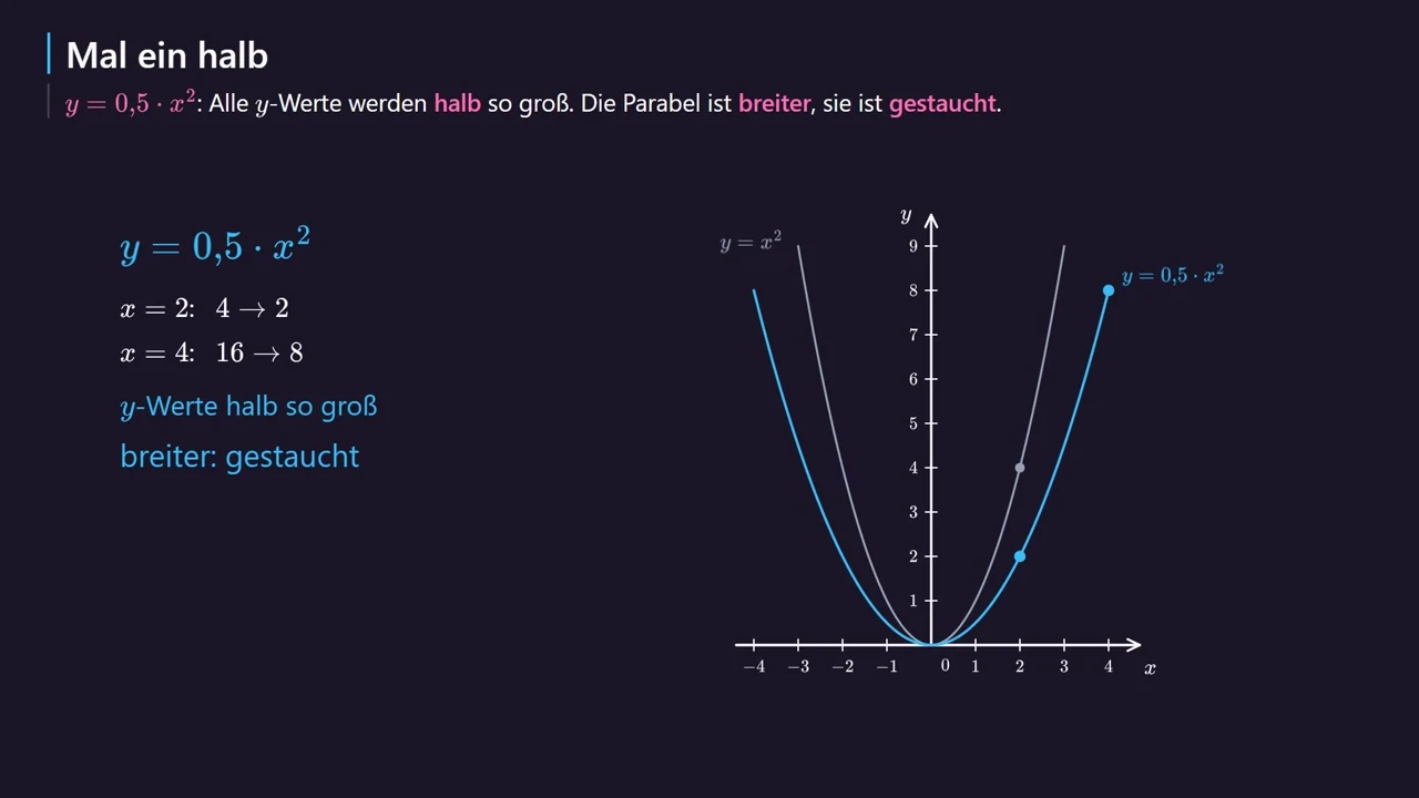 y = 0{,}5x^2 im Vergleich zur Normalparabel.