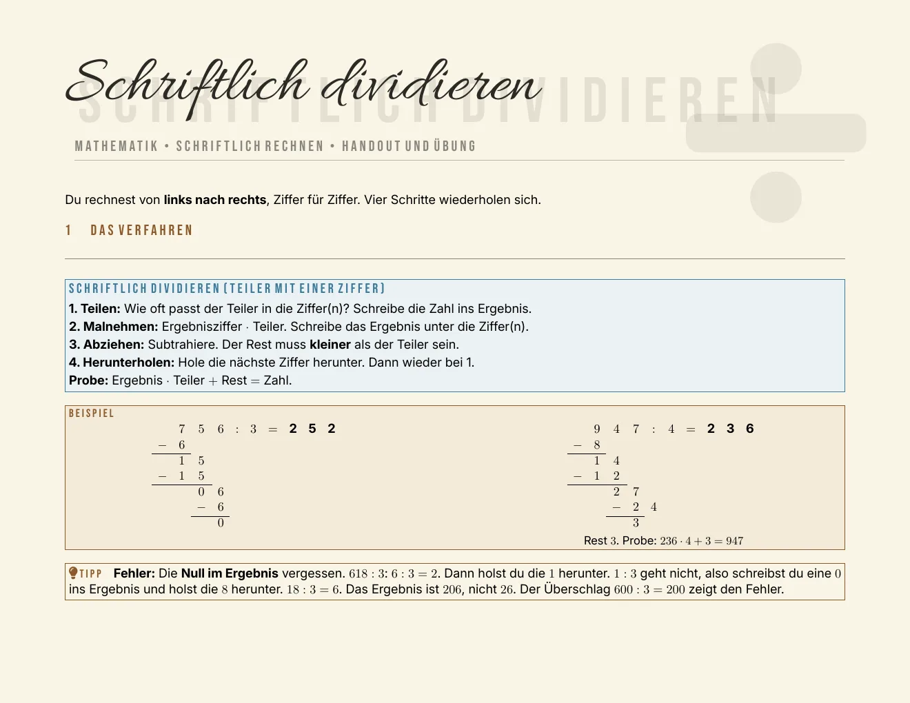 Das Arbeitsblatt – Seite 1