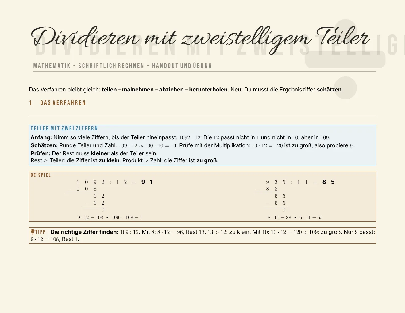 Das Arbeitsblatt – Seite 1