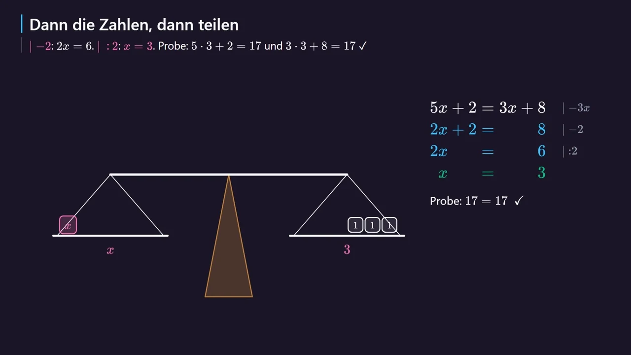 5x + 2 = 3x + 8, | - 3x, | - 2, | : 2: x = 3.