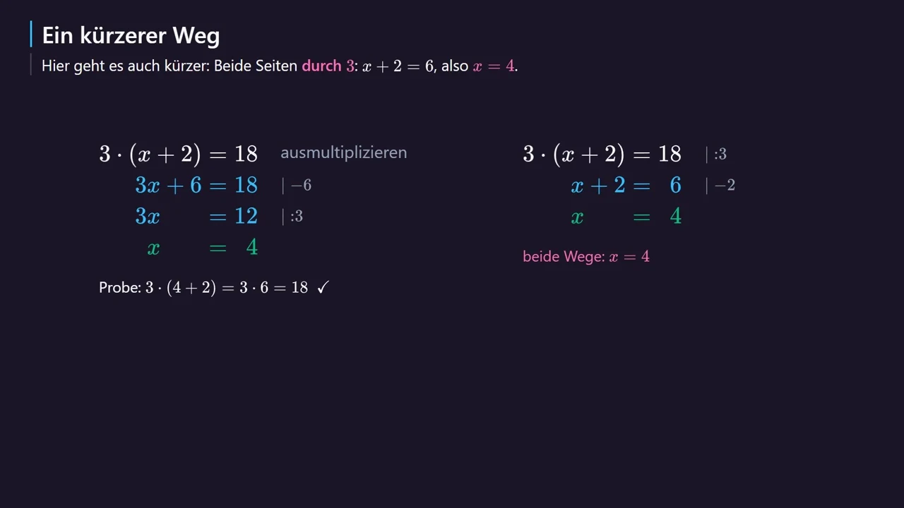 Краће: прво | : 3, онда x + 2 = 6.