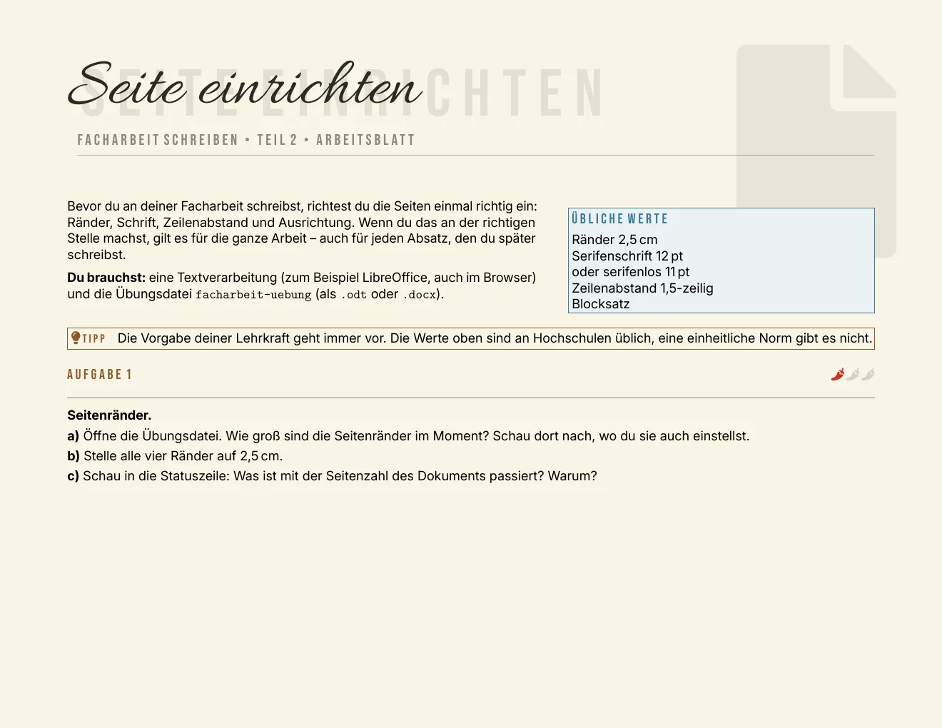 Das Arbeitsblatt – Seite 1