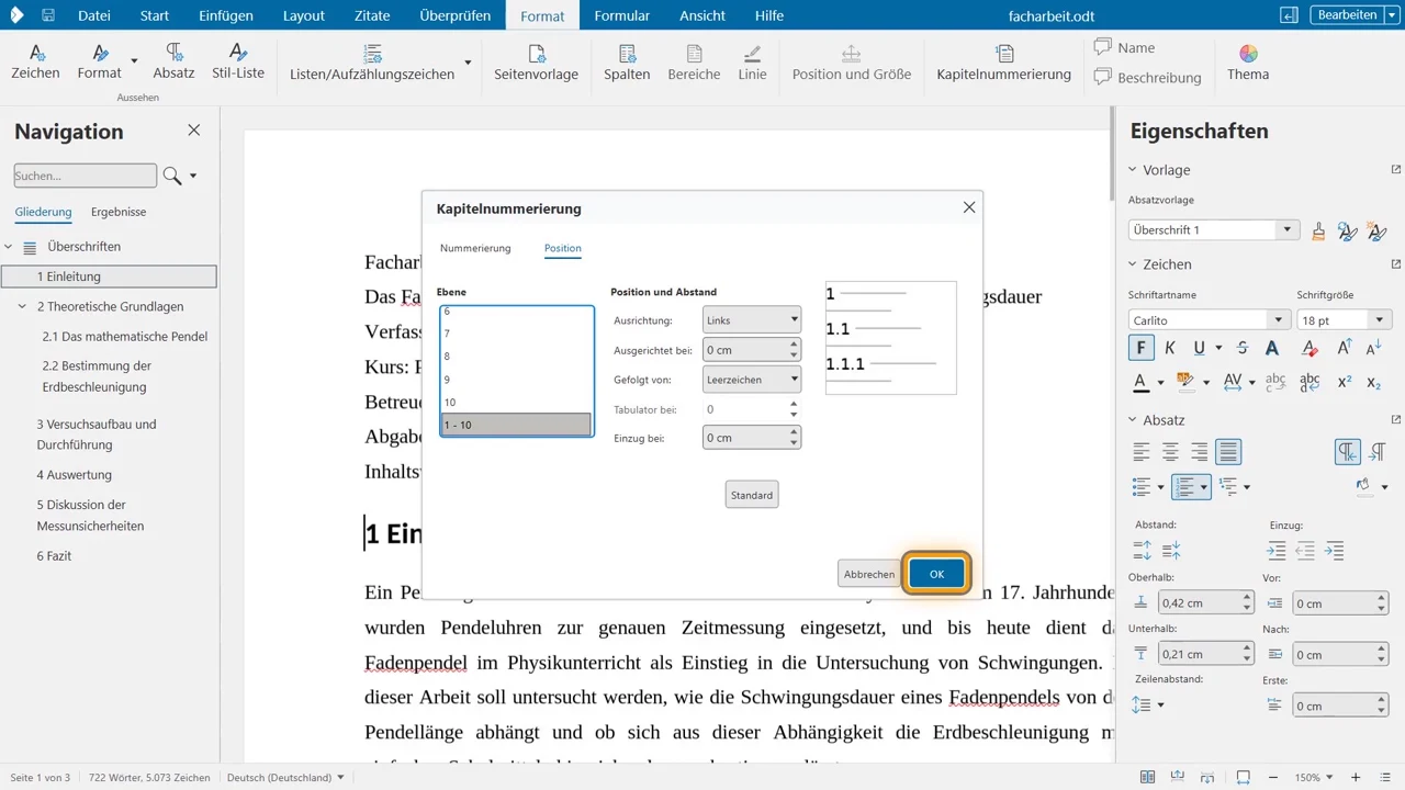 Kapitelnummerierung: Unter Position folgt auf die Nummer ein Leerzeichen statt eines breiten Tabulators.