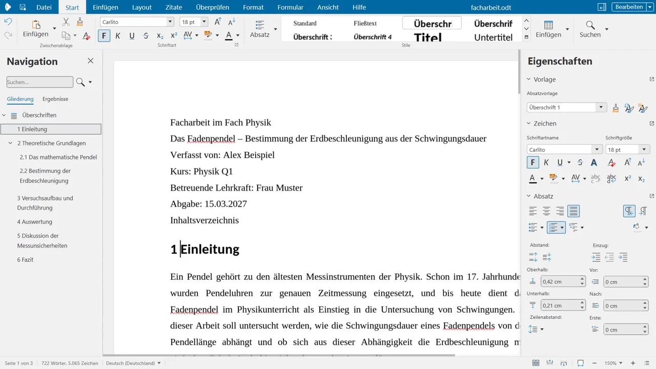 Im Navigator steht die ganze Gliederung, mit Kapiteln und eingerückten Unterkapiteln.