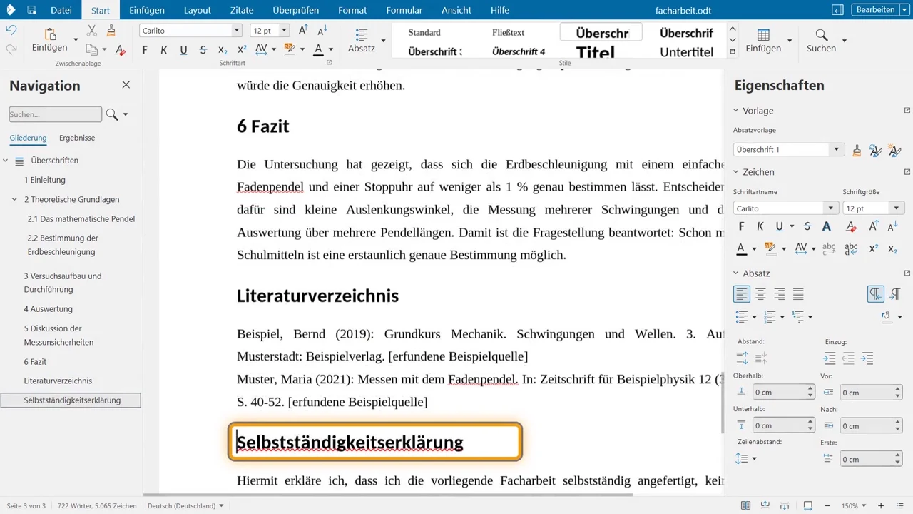 Literaturverzeichnis und Erklärung ohne Nummer: Rücktaste am Anfang der Überschrift. Sie bleiben Überschriften und stehen im Navigator.