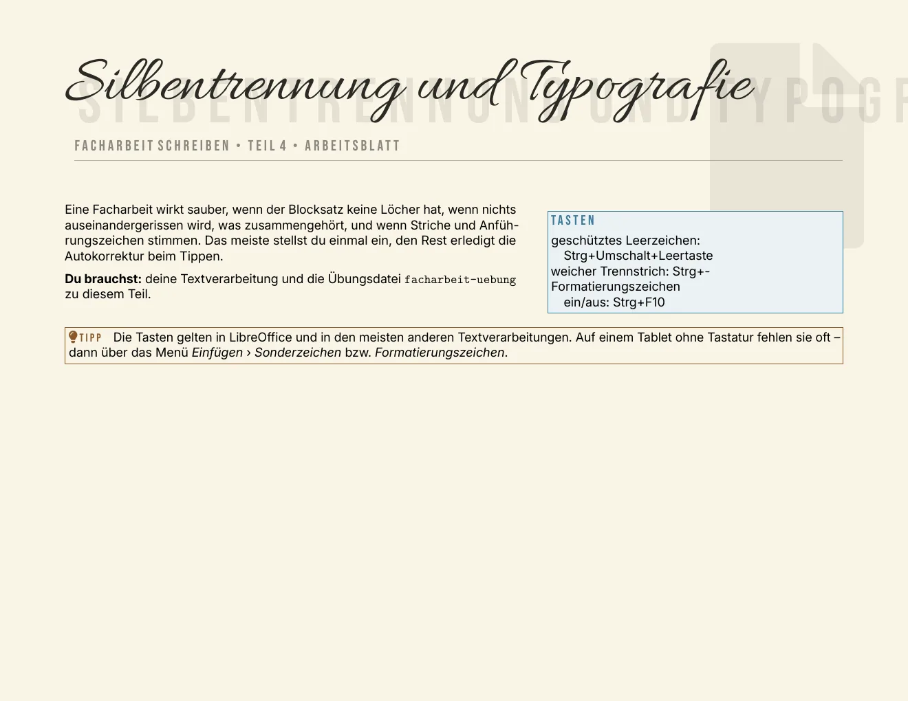 Das Arbeitsblatt – Seite 1
