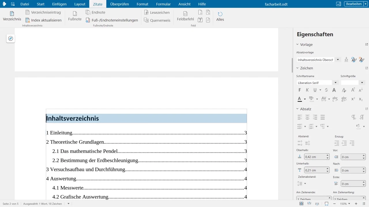 Die neuen Unterkapitel 4.1 und 4.2 stehen erst nach dem Aktualisieren im Verzeichnis.