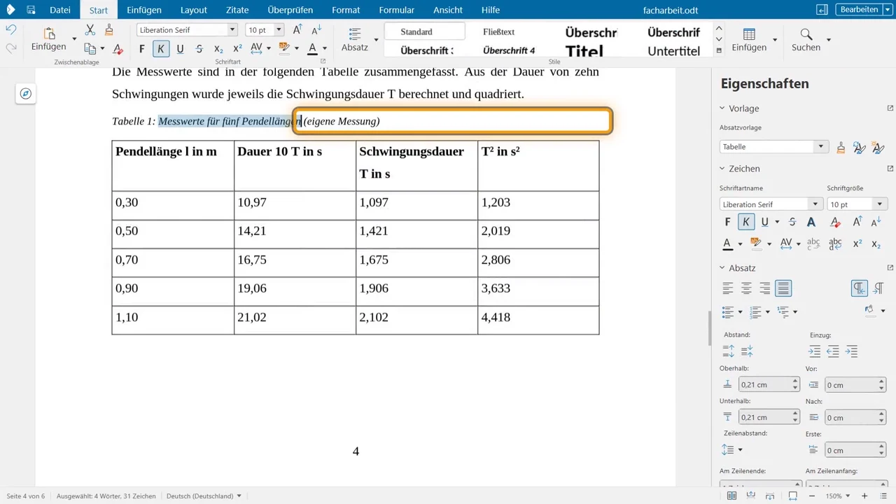 Tabelle 1 mit Beschriftung über der Tabelle.