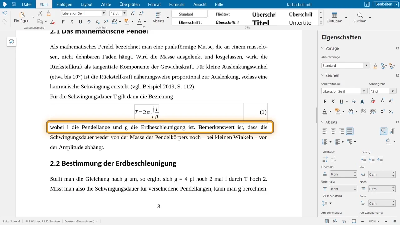 De formule T = 2π·√(l/g) gecentreerd, rechts het nummer (1).