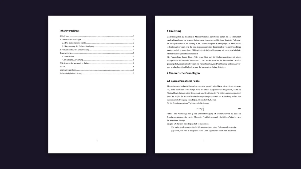 Das fertige PDF: Inhaltsverzeichnis und eine Seite mit Formel.