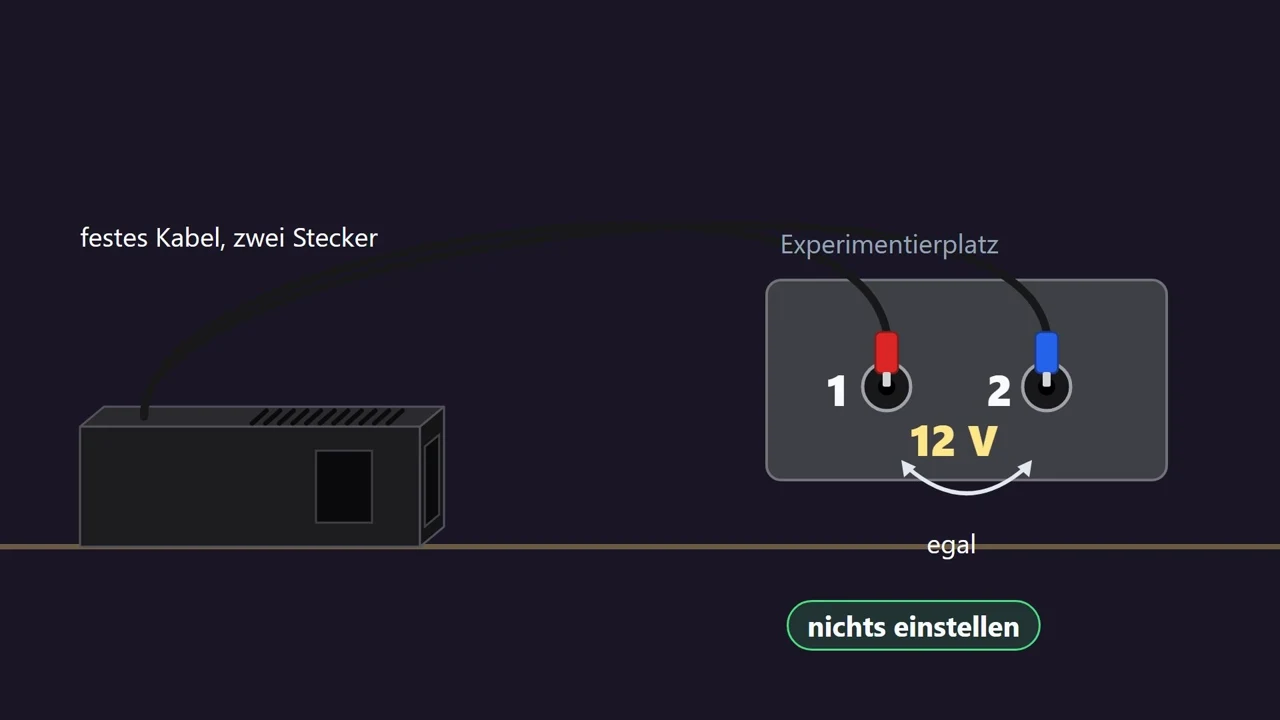 O cabo fixo vai nos encaixes 1 e 2 da bancada, onde há 12&nbsp;V. Qual plugue vai em qual não importa. Você não precisa ajustar nada.