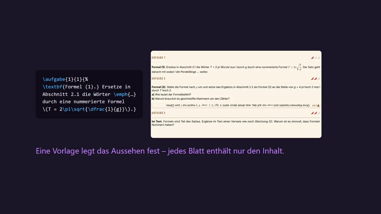 Aus der Praxis: Quelltext und fertiges Arbeitsblatt. Eine Vorlage legt das Aussehen fest.
