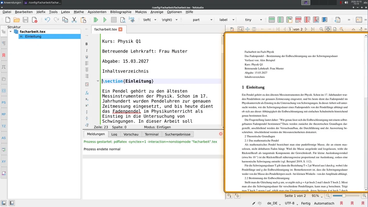 Aus der getippten Zeile wird ein Kapitel: in der Struktur links und im PDF als „1 Einleitung“.