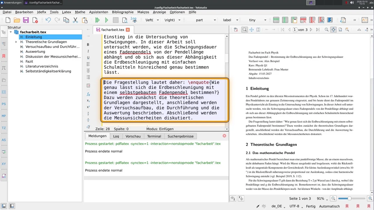Mit csquotes und \enquote{…} setzt LaTeX die deutschen Anführungszeichen.
