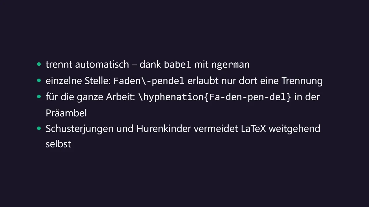 Silbentrennung: \- für eine Stelle, \hyphenation{…} für die ganze Arbeit.