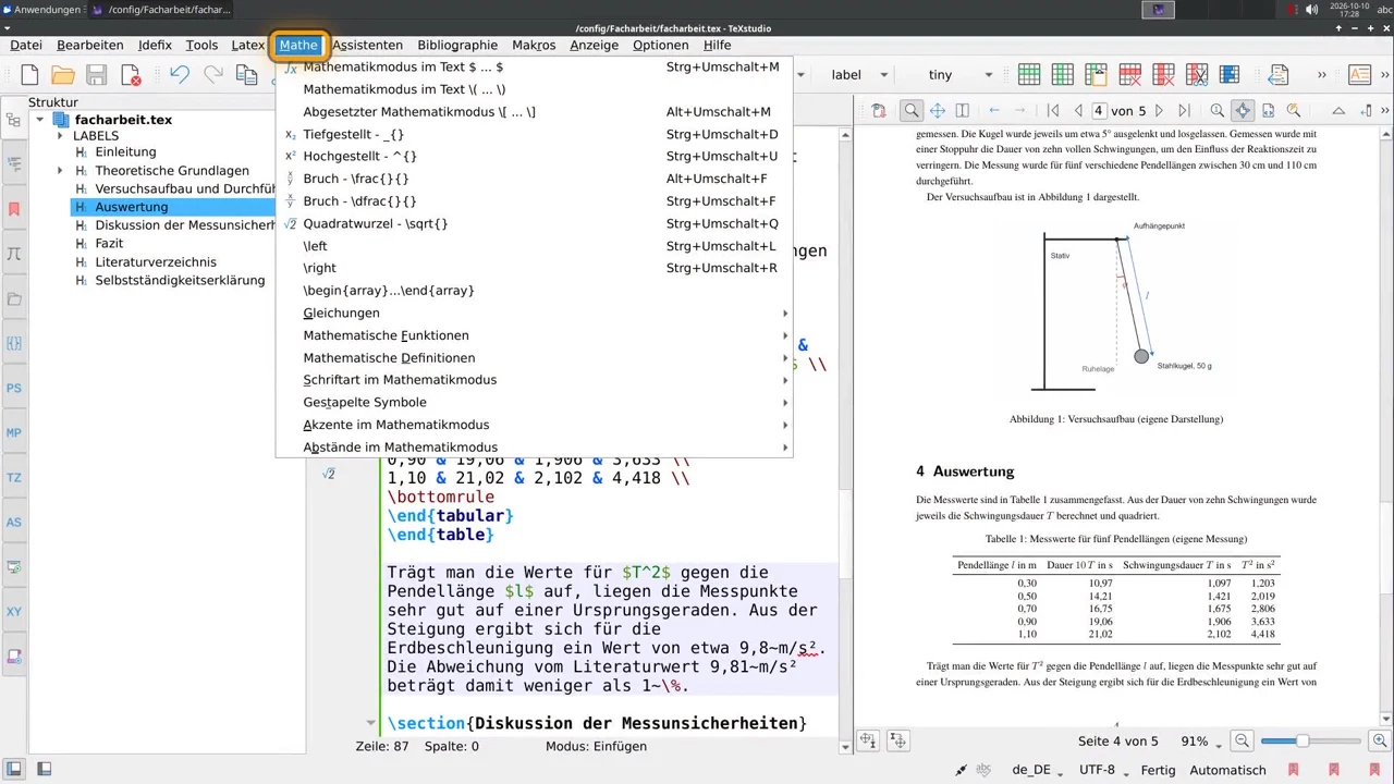 Menu Matematyka w TeXstudio wstawia polecenia jednym kliknięciem.
