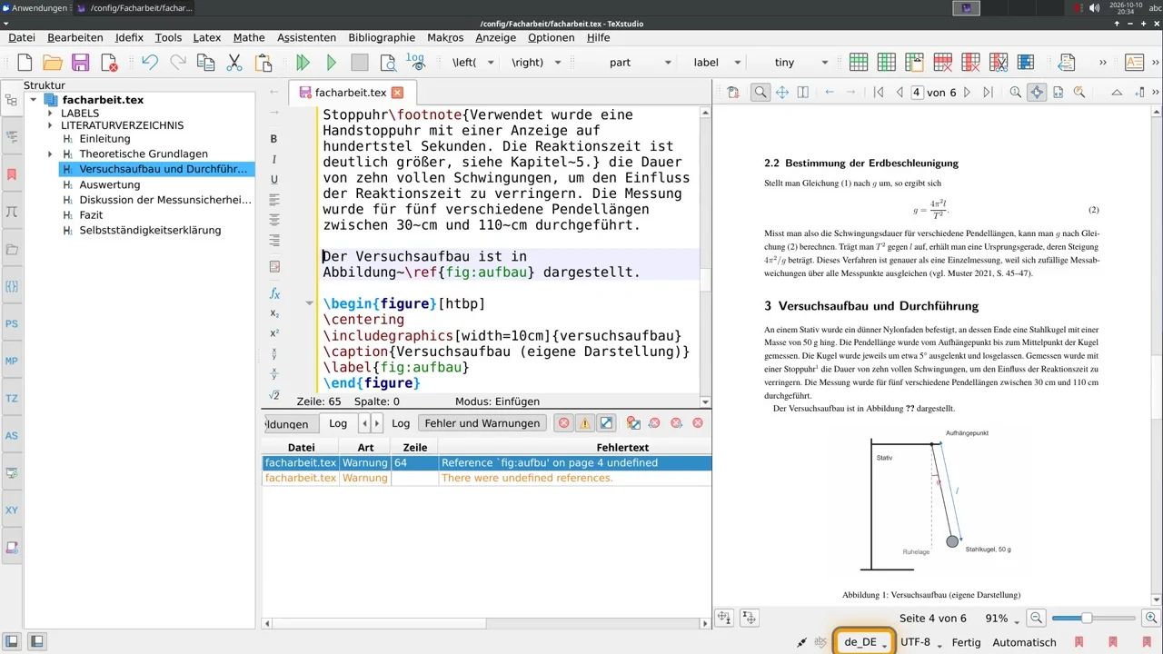 Im Log: „Reference … undefined“ mit Zeile 64. Unten rechts: Die Rechtschreibprüfung arbeitet mit Deutsch.