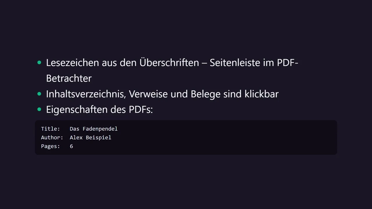 Lesezeichen aus den Überschriften, klickbare Verweise, Titel und Autor in den Eigenschaften.