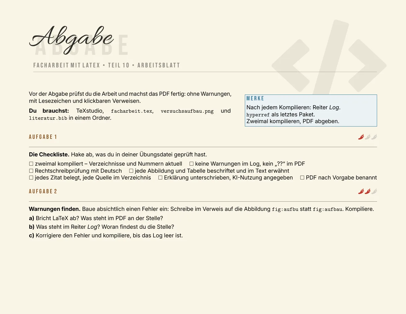 Das Arbeitsblatt – Seite 1